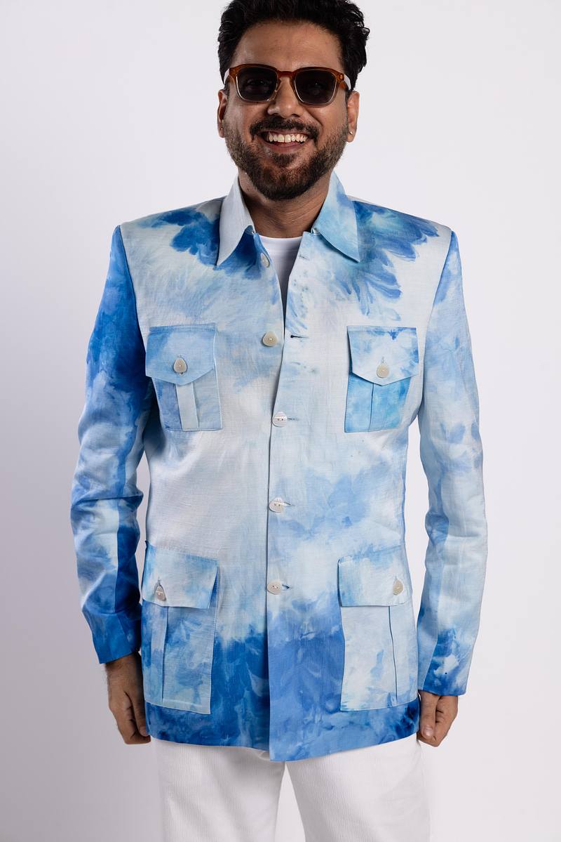 Linen Satin Safari Blazer - Summer Sky