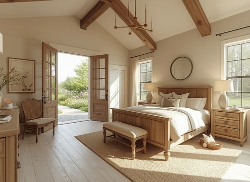 High-end real estate photography of a rustic master bedroom in Gainesville, FL, featuring vaulted ceilings with heavy wood beams, a sleigh bed, and open French doors leading to a lush garden, captured by PrimePropertyPhoto.