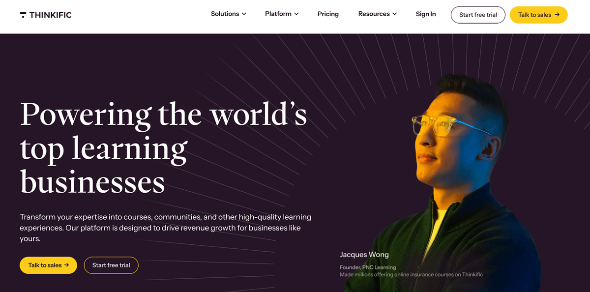 Скриншот домашней страницы Thinkific