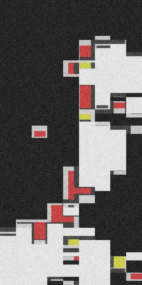 A digital artwork featuring geometric shapes with a grid-like pattern. Red, yellow, and white rectangles are set against a dark background.