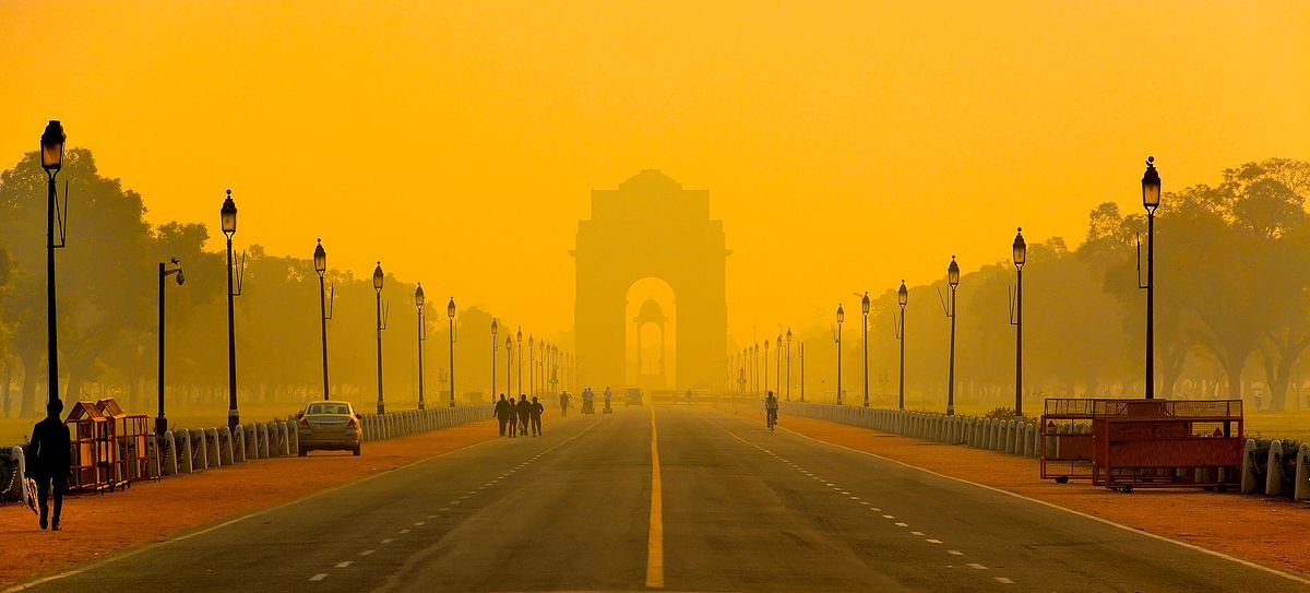 morning, summer, rising sun, India gate, city, road