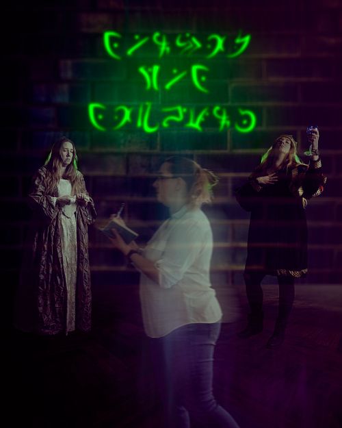 A purple scene of ghosts from different times passing through a room with glowing green writing on the wall.