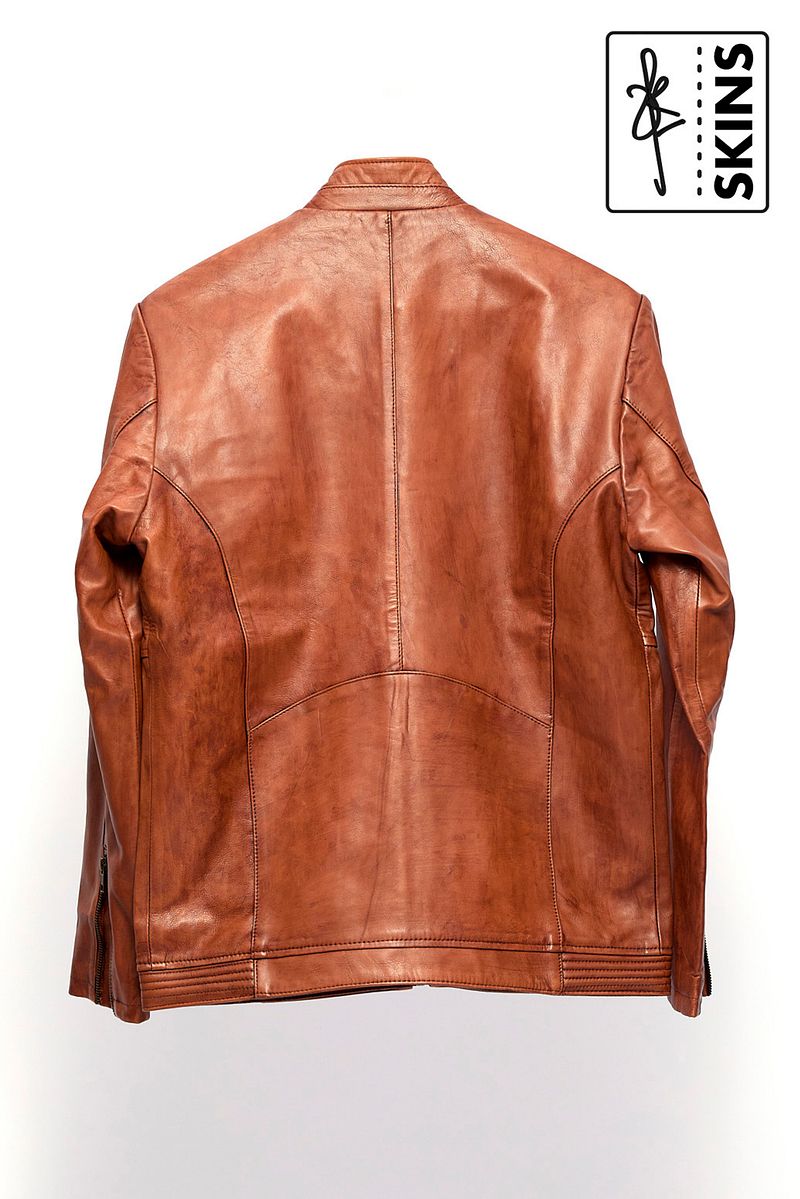 SKINS Odh : Leather Moto Jacket with Stand Collar (Cognac Brown)