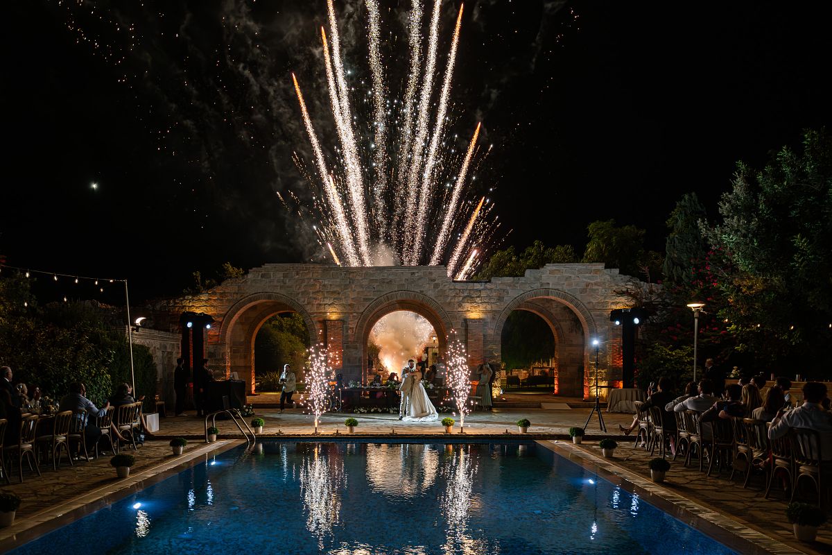 luxury wedding in Athens Greece with fireworks at night &ndash; Athens Riviera destination wedding photographer