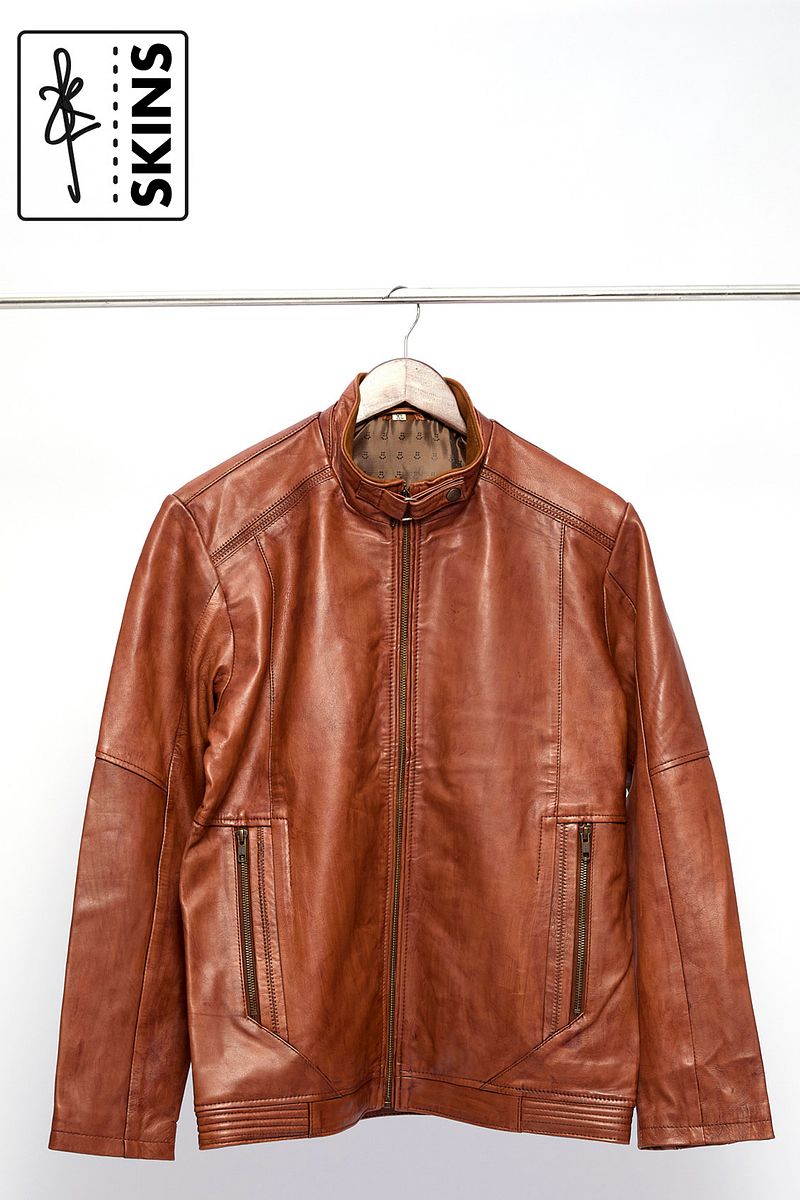SKINS Odh : Leather Moto Jacket with Stand Collar (Cognac Brown)