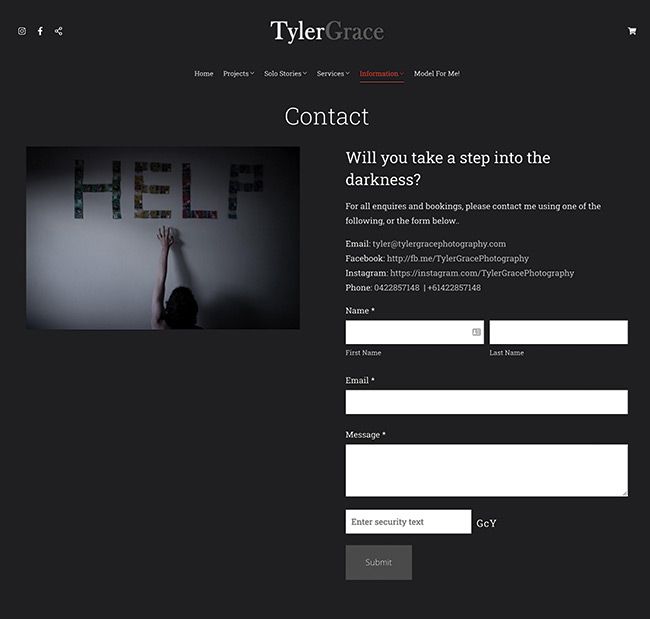 Página de contacto del fotógrafo de bellas artes Tyler Grace