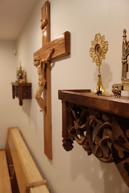 another angle of the reliquary shelves installed in All Saints Chapel in Columbus, Ohio