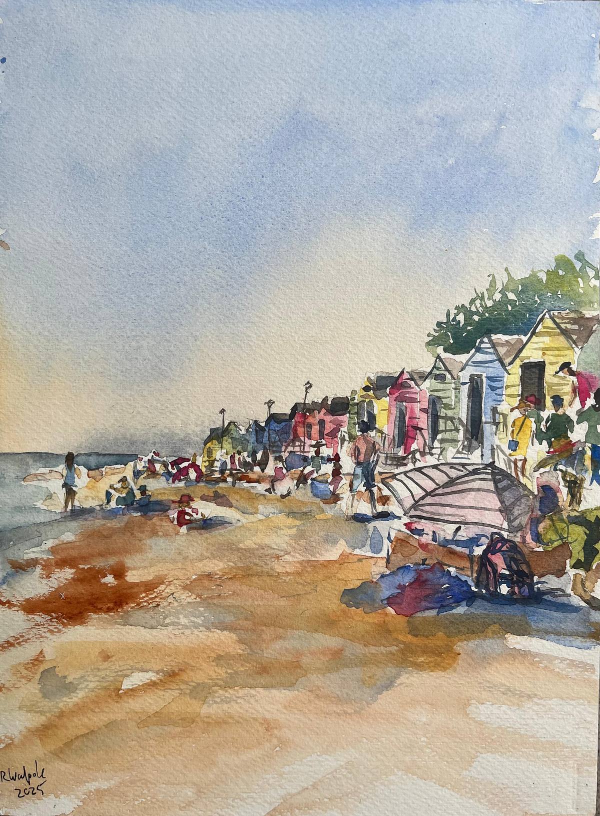 Watercolour picture of the family friendly beach at St James by Rowan Walpole