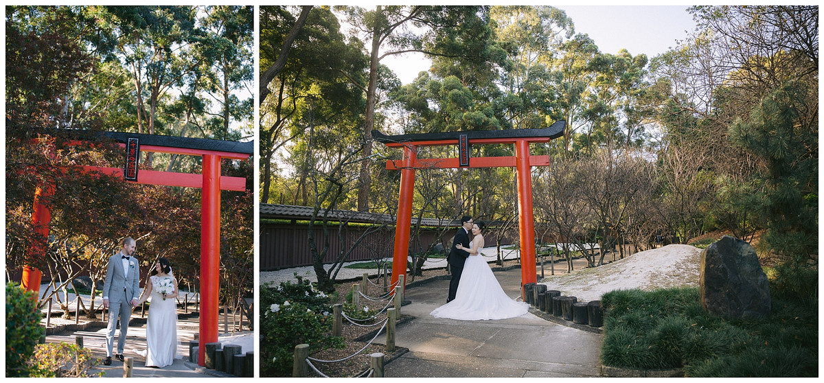 Wedding photography showcasing the beautiful torii gate at Japanese Garden Auburn Botanic Gardens.