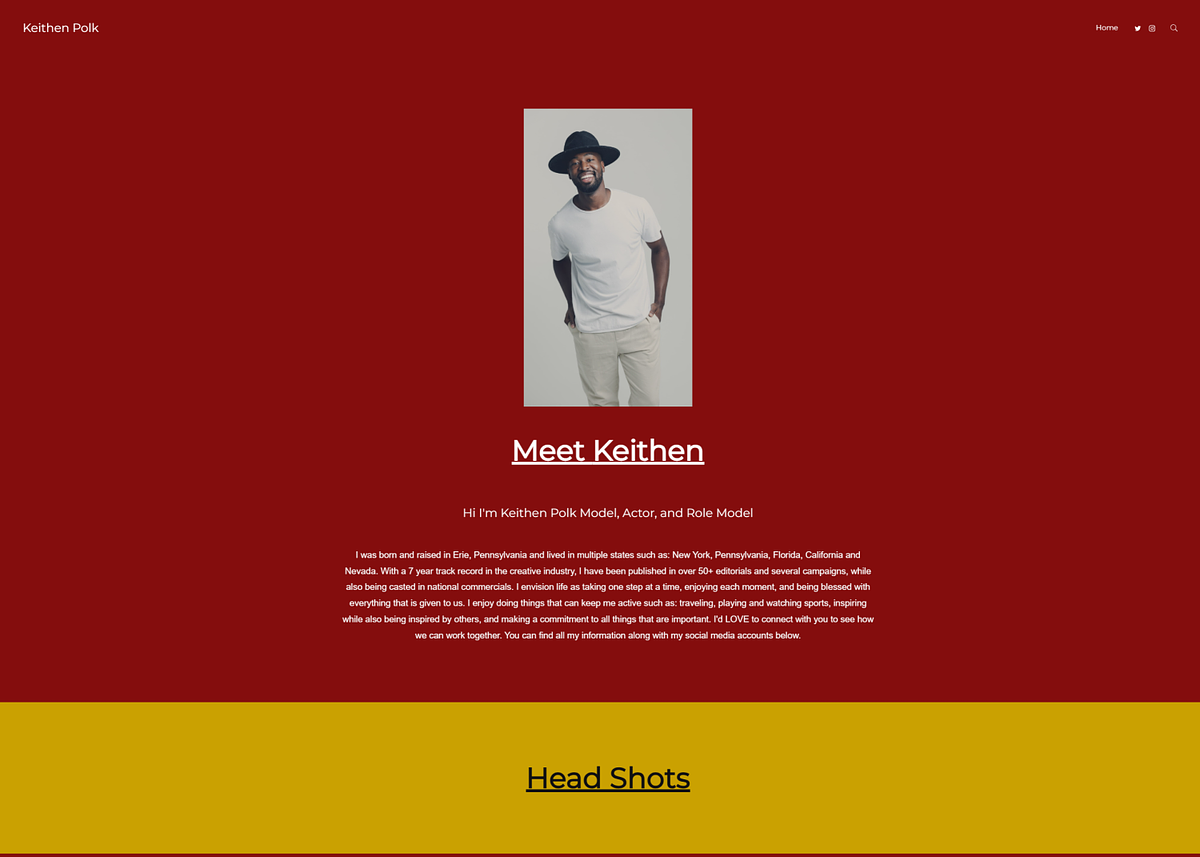 Captura de pantalla del portafolio de modelaje de Keithen Polk