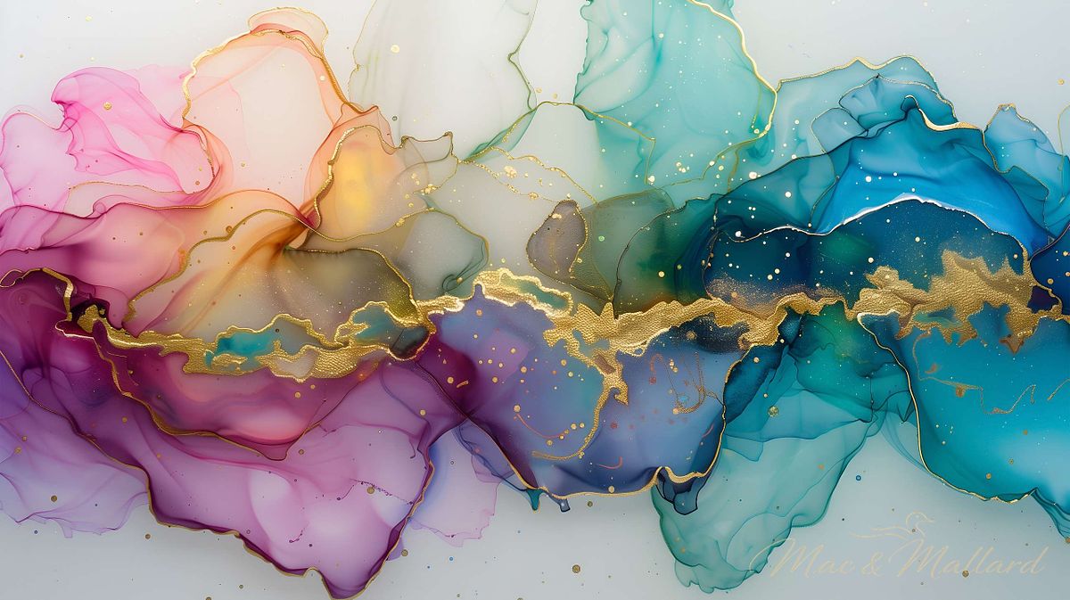 Colorful marble ink artwork featuring swirls of pink, blue, gold, and green on a white canvas