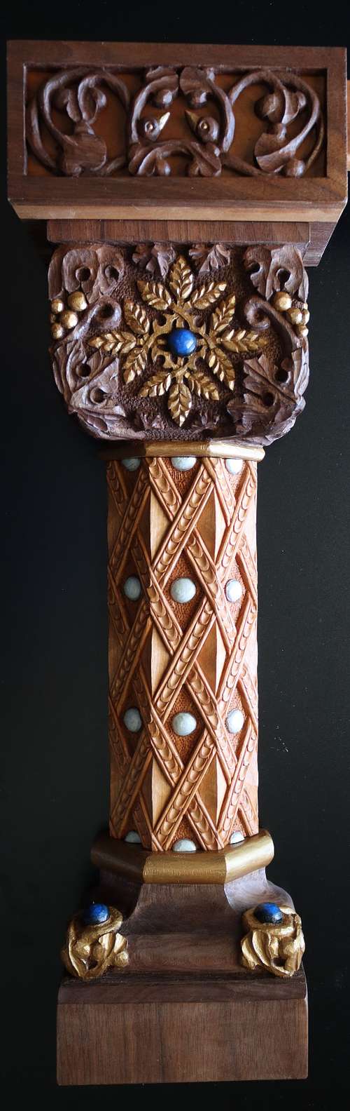 wood carved cherry and walnut column with hand-carved shaft, capital, base, and impost including wheat, grapes, beads, vines, and birds