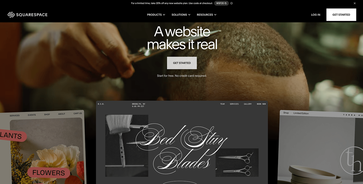 Squarespace homepage showing the design-led website builder and template gallery