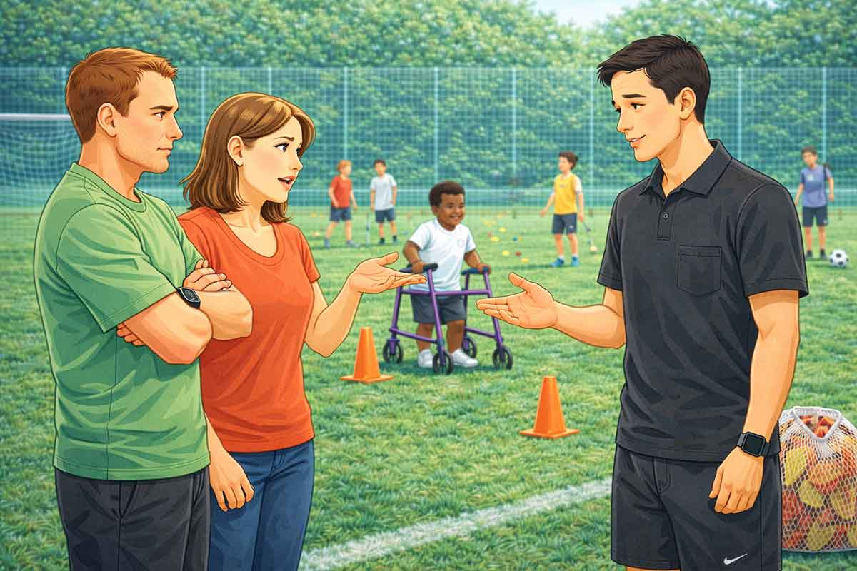 Trainer spricht ruhig mit zwei Elternteilen am Spielfeldrand, erklärt eine Situation, während im Hintergrund inklusives Training stattfindet.