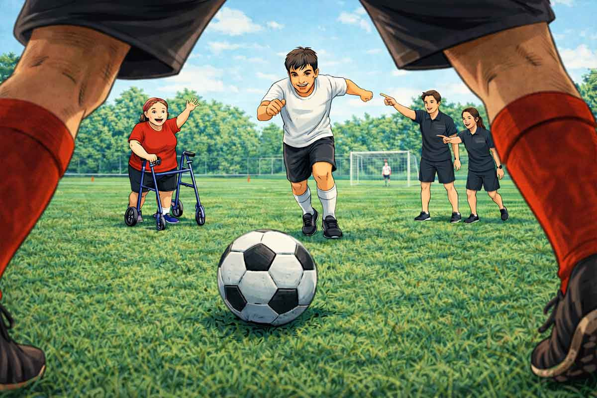 Ein Spieler läuft auf den Ball zu, während andere Spieler und Trainer im Hintergrund aufmerksam reagieren und eine mögliche Konfliktsituation beobachten.