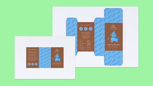 Print-ready packaging net for the Catch of the Day flavour on an A3 layout with trim marks, shown alongside the front side of its information sheet on an A4 layout with crop marks.