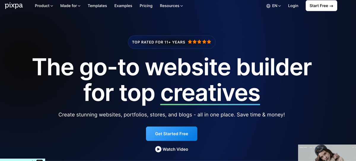 Schermafbeelding van Pixpa's startpagina