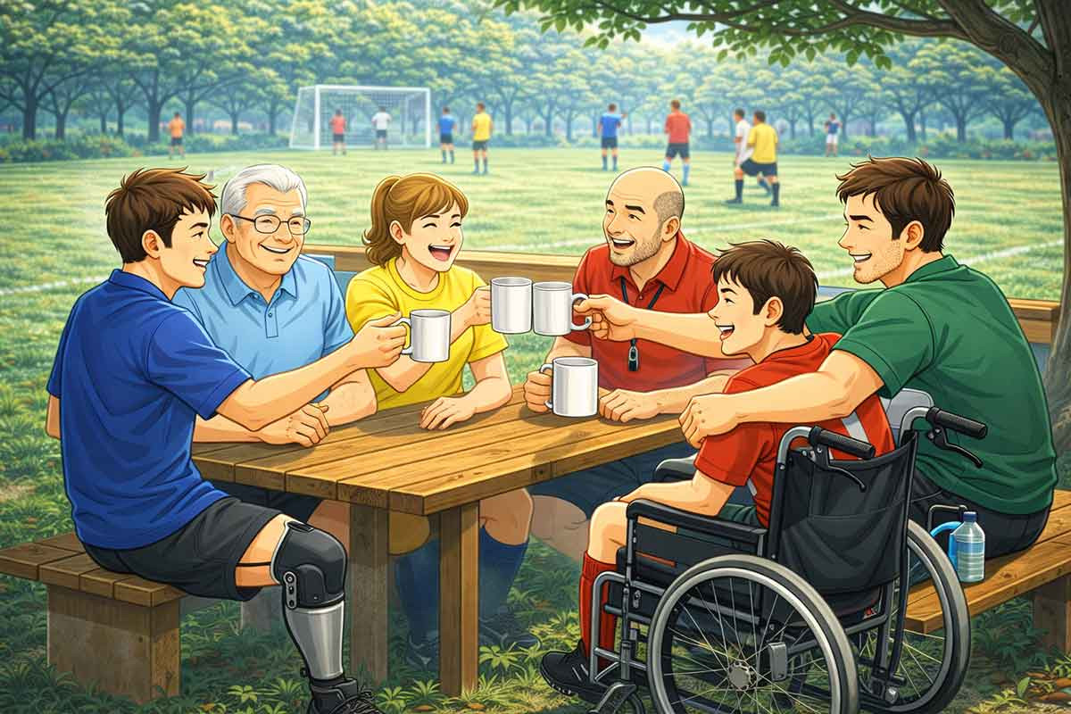 Spieler, Trainer und Angehörige sitzen gemeinsam an einem Tisch am Spielfeldrand, stoßen miteinander an und lachen, während im Hintergrund Fußball gespielt wird.