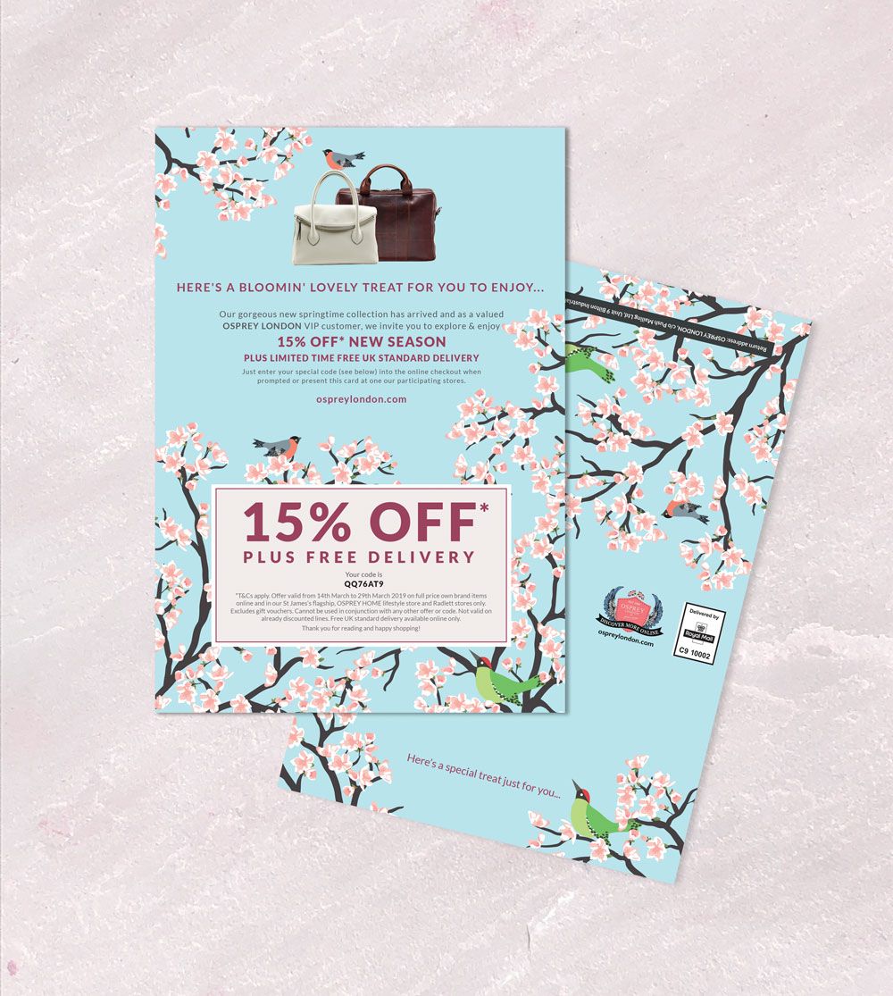 spring branches decorated mailer advertising a new season sale