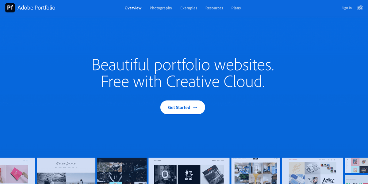 Homepage des Adobe Portfolio-Website-Builders