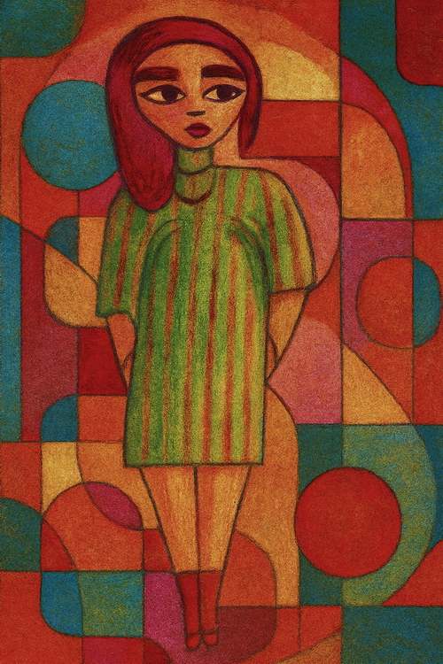 A stylized woman in a striped dress stands against a vibrant background of geometric shapes. The use of warm colors adds depth.