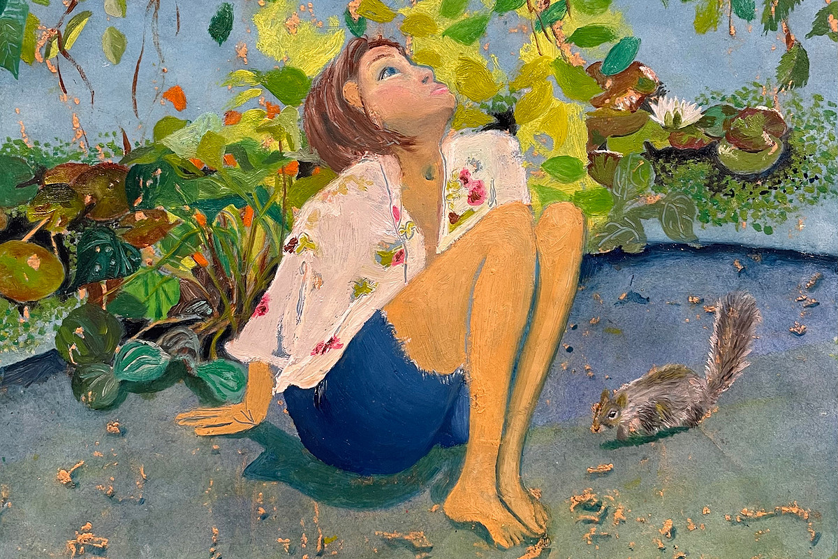 oil painting of a woman in nature with a squirrel