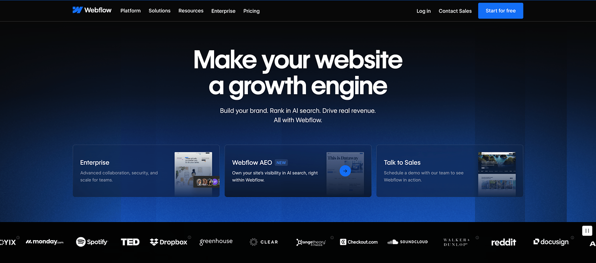 Webflow homepage showing the visual design platform with CMS and animation tools