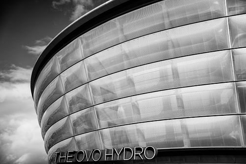 Cityscapes, architecture, ova hydro, armadillo, Scottish event campus, Glasgow, Scotland, United Kingdom, UK, black & white