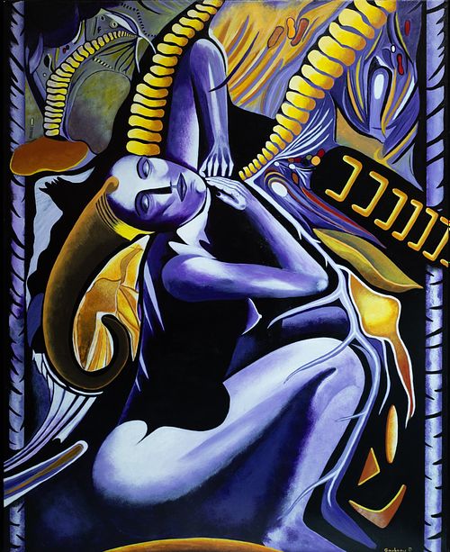 Cette peinture abstraite L'étoile de Patrice Goubeau stylisée représente un personnage bleu dans une pose dynamique, entouré de courbes et de formes géométriques audacieuses dans des jaunes, des noirs et des bleus éclatants. La composition dégage une impression de mouvement et d'énergie.