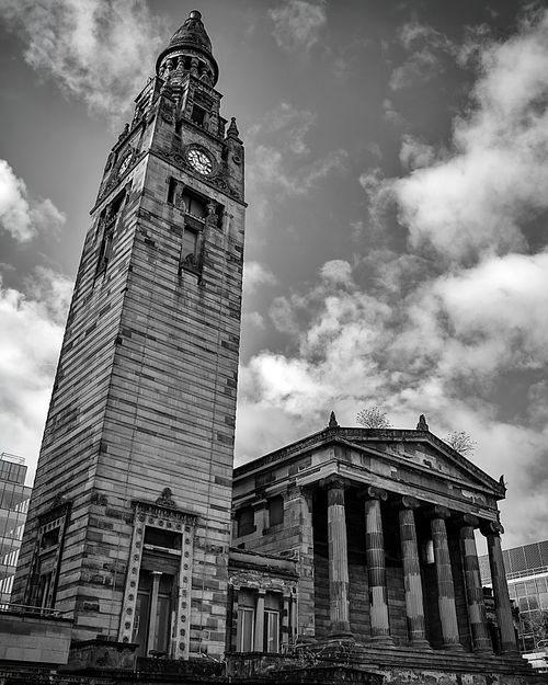 Cityscapes, architecture, clock, tower, columns, stone, building, gothic, Clyde, Glasgow, Scotland, United Kingdom, UK, black & white