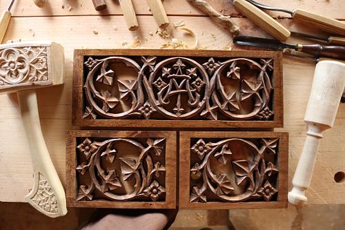 stained and finished carvings for the Mary statue shelf for the Dominican Sisters in Columbus, Ohio