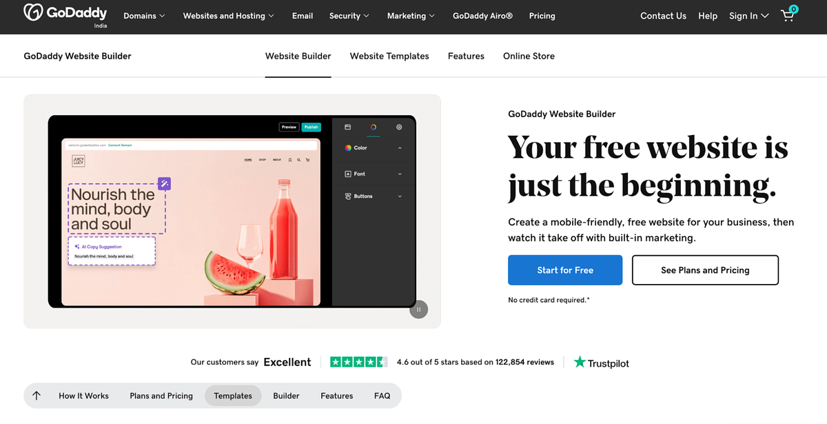 Screenshot of GoDaddy's website builder home page