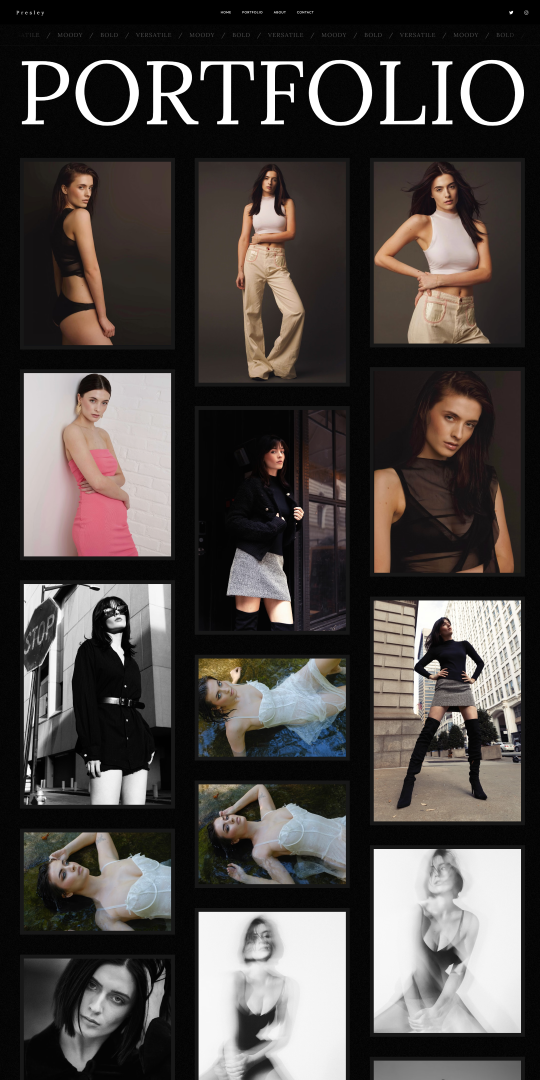 Captura de pantalla del portafolio de modelaje de Presley