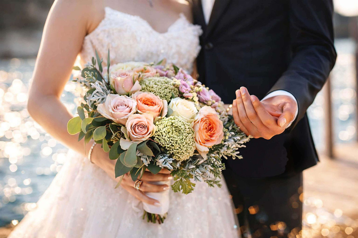 Close-up of a bride's peach rose bouquet in Northeast Florida