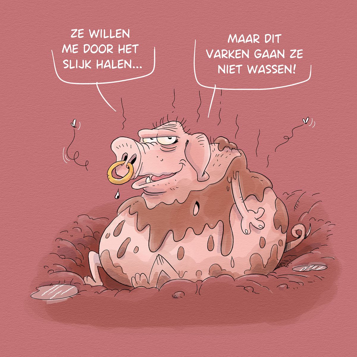cartoon met een dik varkentje in een modderbad