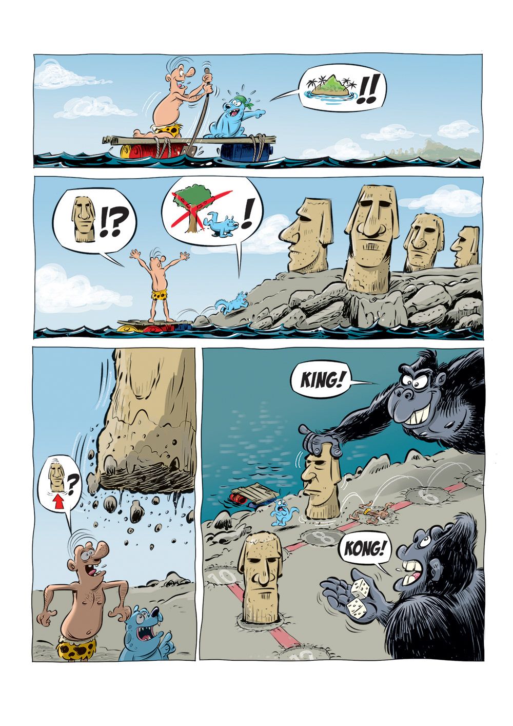 Strippagina met caztar die op een vlot aan paaseiland komt. Eenmaal aan land merkt die dat er reuze gorilla's schaakspel spelen met de beelden. Caztar zit middenin het spel.