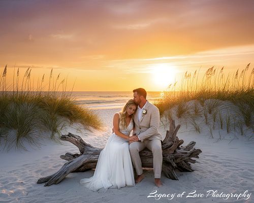 A bride and groom sharing an intimate moment on driftwood at sunset in St. Augustine, Florida.