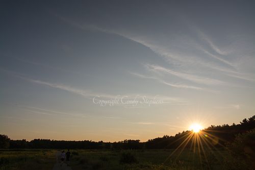 Couple walking at sunset across a meadow with a hilltop