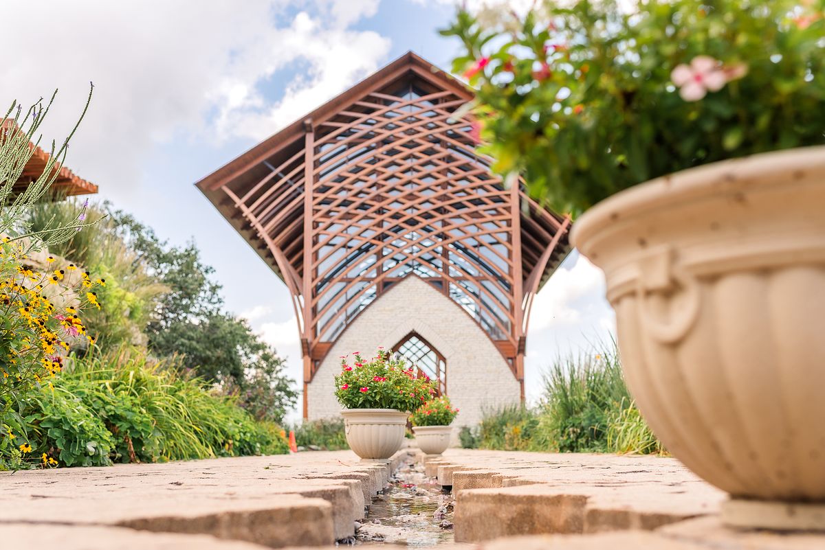 Glass church and garden at Holy Family Shrine in Gretna, NE