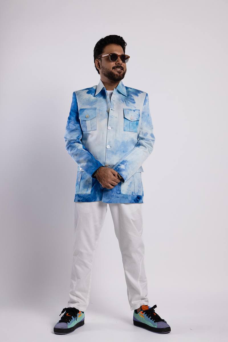 Linen Satin Safari Blazer - Summer Sky