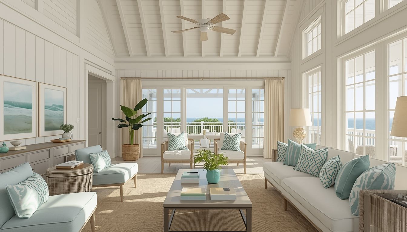 Coastal-style living room with vaulted ceilings and an oceanfront balcony view.