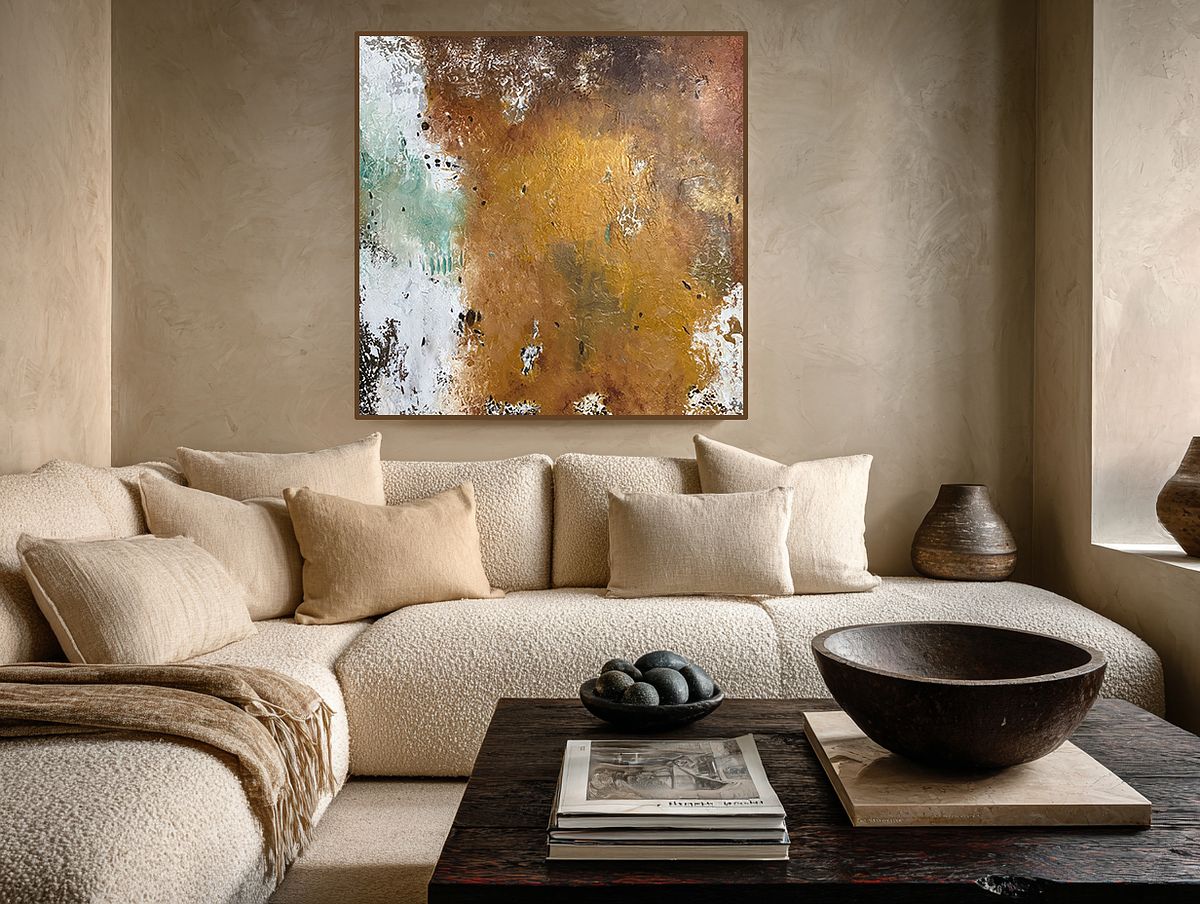 Serene neutral textured painting on a living room wall, showcasing 'Quiet Luxury' aesthetics for high-end residential suites