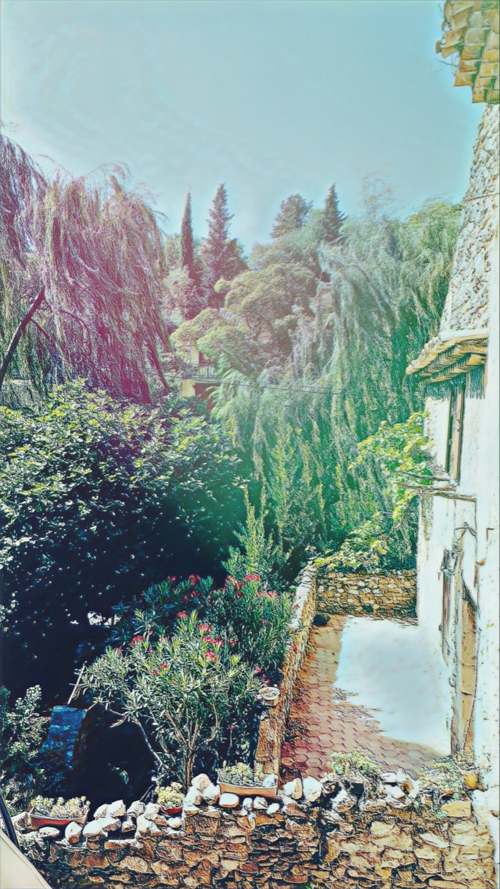 Mediterraner Gartenweg mit Steinmauern und üppiger Vegetation