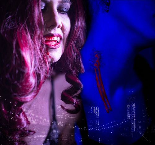 A vampire seductress drips blood from her mouth is superimposed next to an elongated neck with a bite dripping blood in blue light.