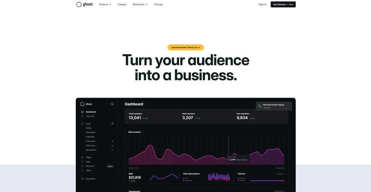 Ghost homepage showing the publishing platform with newsletter and membership features