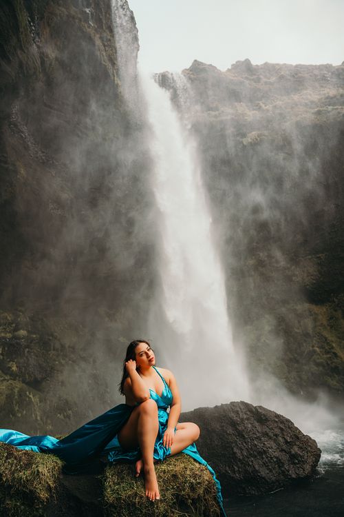 Soft light flying dress portrait in dramatic Icelandic landscape