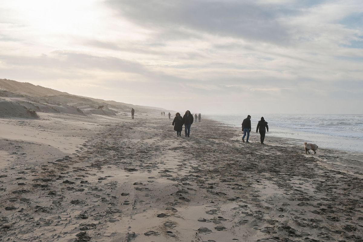 People walking along a serene beach in the Netherlands, captured by photographer Sandeep Gajula