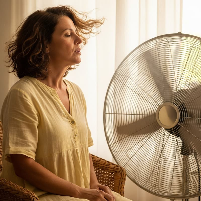 middle aged woman cooling off in front of a spinning fan