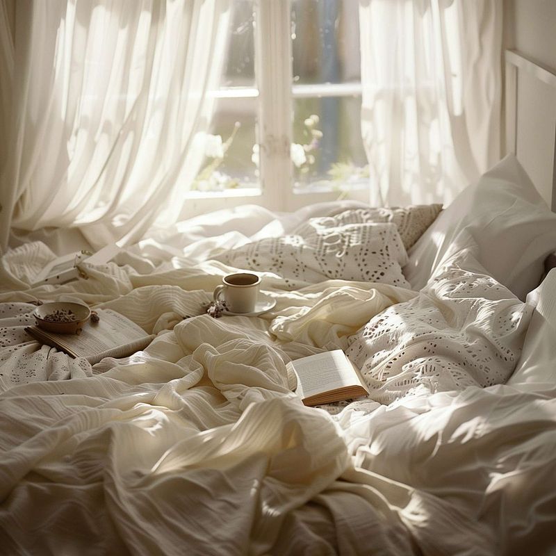 a messy but beautiful bed all in whites with soft light filtering from a menopause women who had trouble sleeping