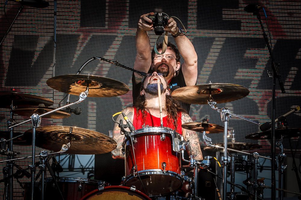 Igor Rockxposure Vidyashev taking Drummer Aerial View shot of Mike Portnoy